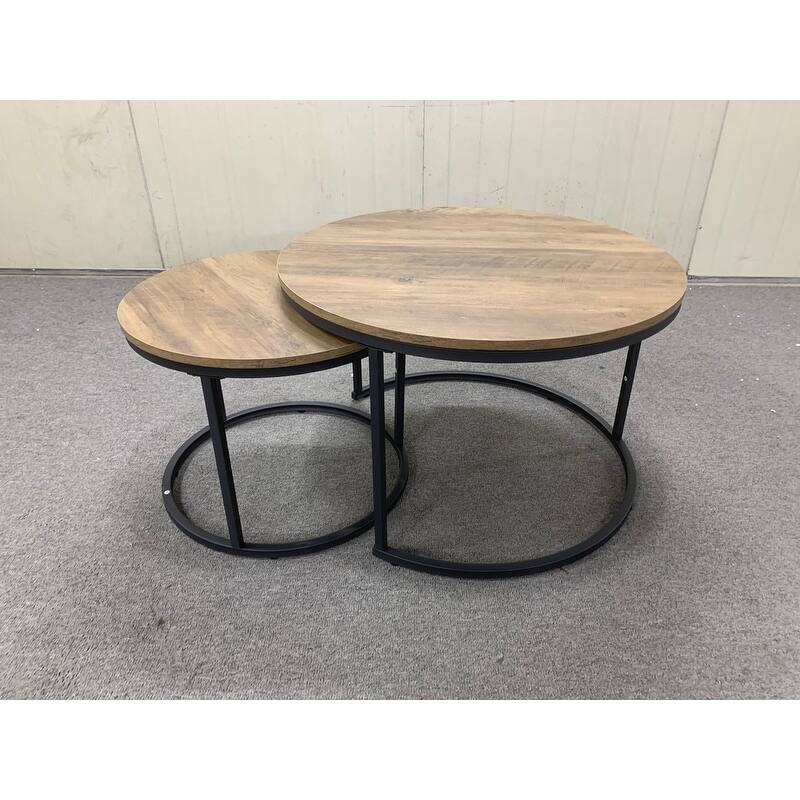 Round Nesting Coffee Table Set of 2 with Marble Pattern Top & Metal Frame