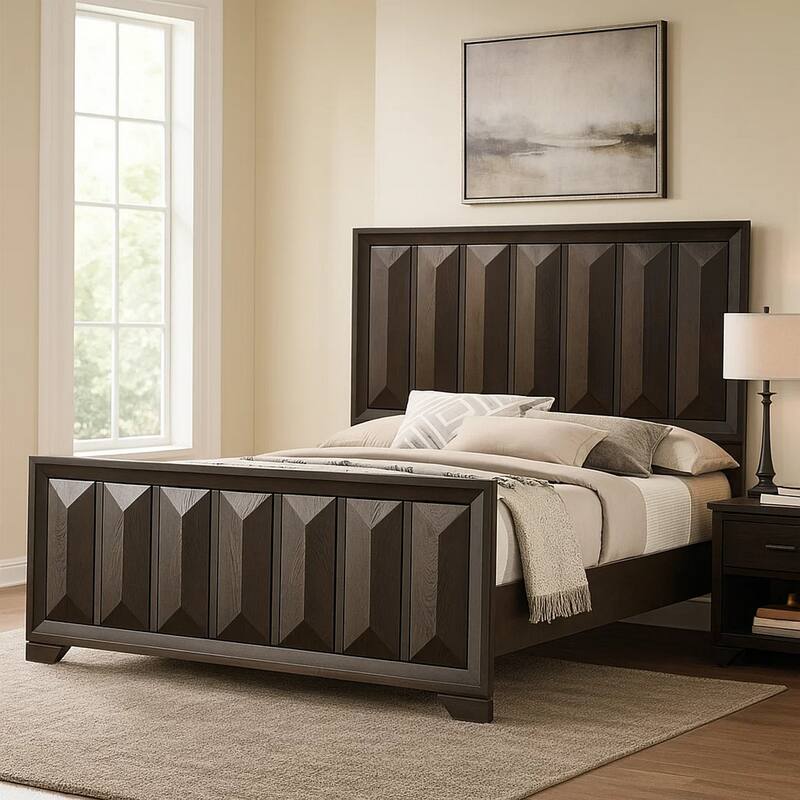 Fema Queen Bed, Vertical Facet Headboard and Footboard, Espresso Brown