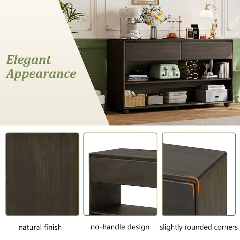 3-Tier Console Table, Pine Veneer Entryway Table with Drawers and Open Storage Shelf, Hallway Table with Solid Wood Legs