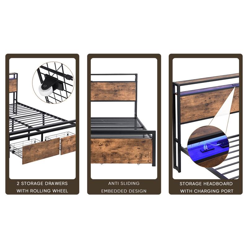 Queen Size Bed Frame with Storage Headboard and 2 Drawers