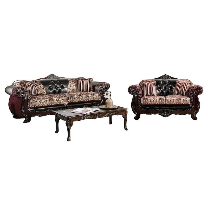 Quo 2pc Sofa Loveseat Set, Burgundy, Dark Brown Chenille, 4 Pillows