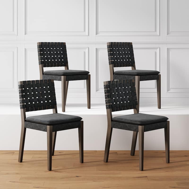 Cohen 19 in. Wood Dining Chair, Mid-Century Modern Upholstered Side Chair with Hand Woven Faux Leather Backrest - Set of 4 - Black