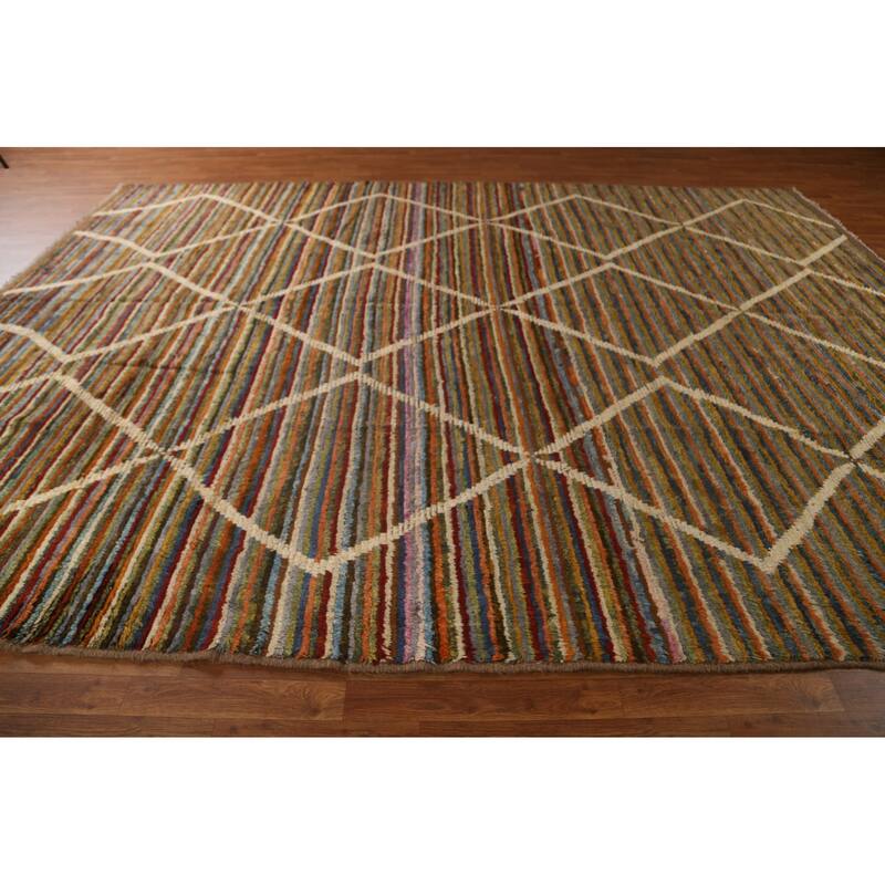 Hand Knotted Oriental 100% Wool Carpet Modern Stripe Multi-Colored Moroccan Area Rug - 13' 0'' X 9' 7''