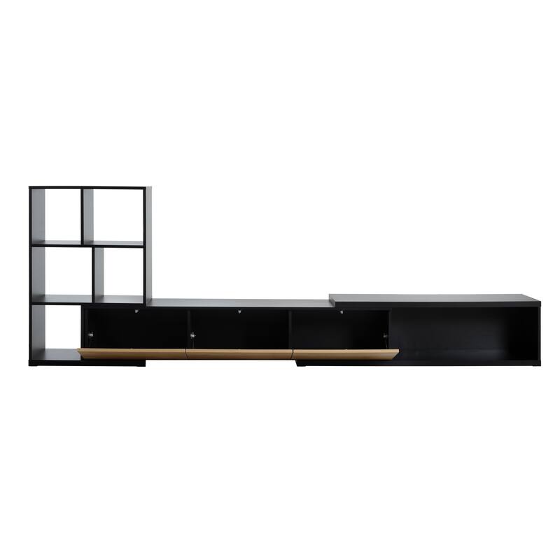 Extendable TV Stand with 3 Tier Bookshelves for TVs up to 110'', Adjustable Entertainment Center with Cabinets.