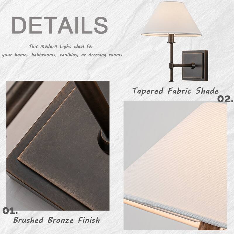 CraftHome Modern Bronze 12'' Tall 1-Light Fabric Shade Wall Sconces Farmhouse White Linen Tapered Shade Sconce - W11"
