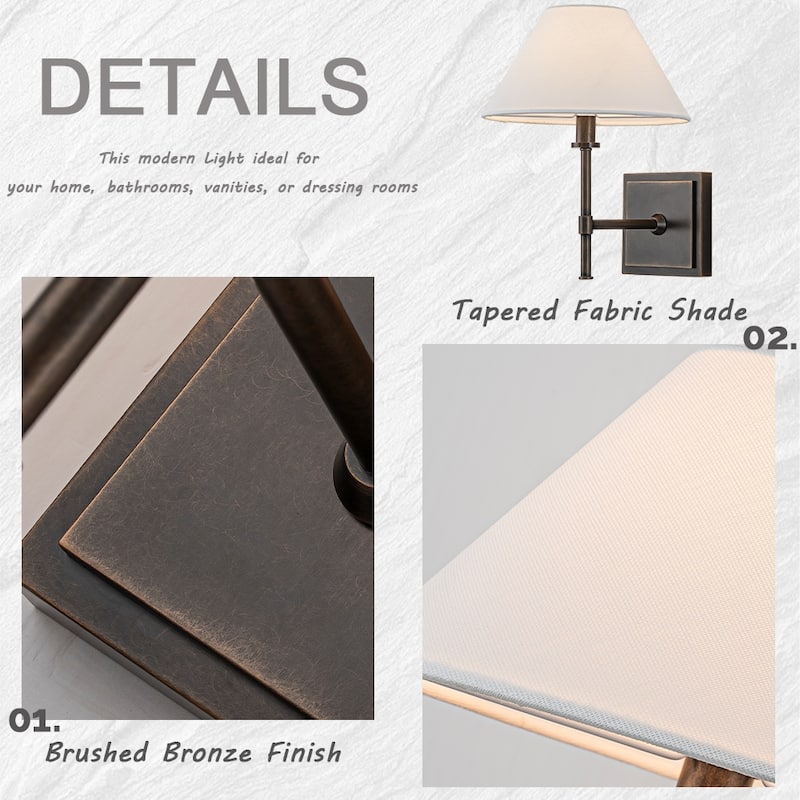 Modern Bronze 1-Light Fabric Shade Wall Sconces Farmhouse White Linen Tapered Shade Sconce For Bathroom Mirror Hallway - W9''