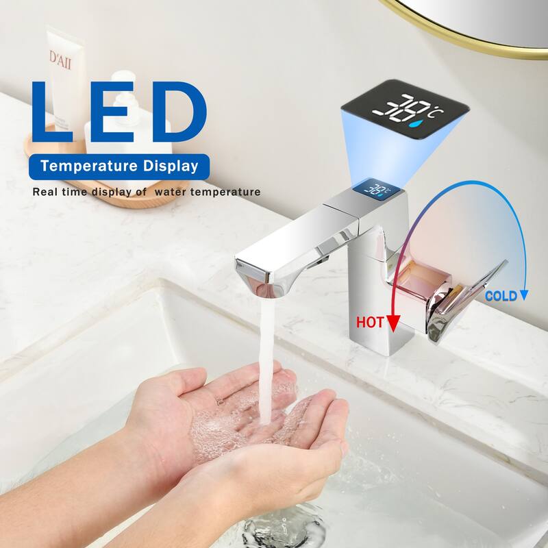 Smart LED Bathroom Faucet Chrome - Temperature Digital Display, Pull Down Sprayer for RV and Home Sinks