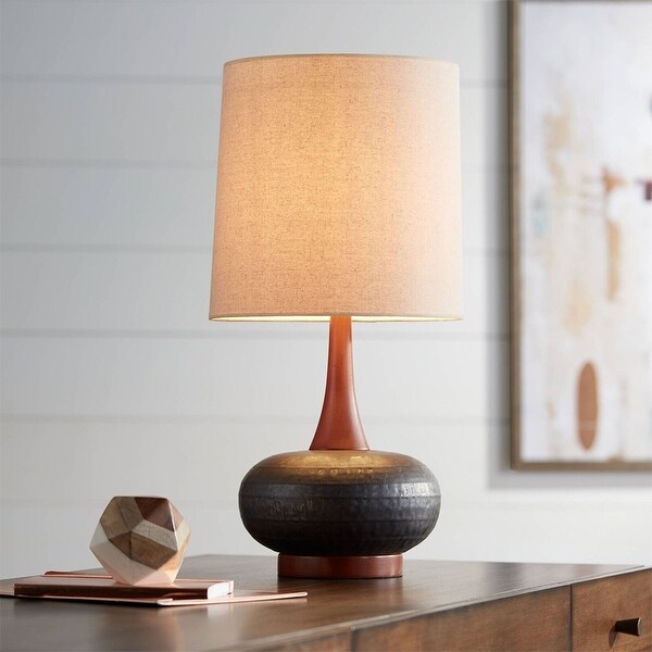 Mid Century Modern Table Lamp Hammered Bronze Wood 12 x 24.5 Brown