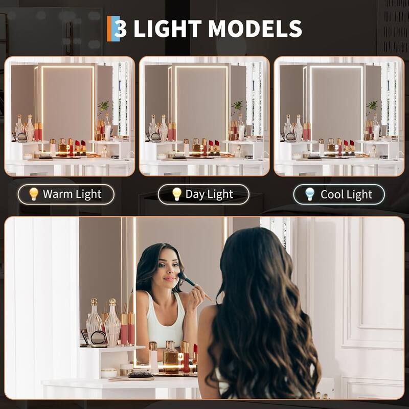 Corner Vanity Desk and Stool, Makeup Dressing Table Set with Light Mirror