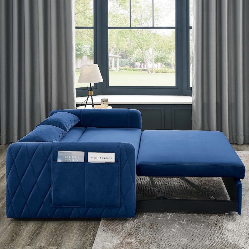 55" Modern Velvet Convertible Sofa Bed with 2 Removable Arm Pockets and 2 Pillows