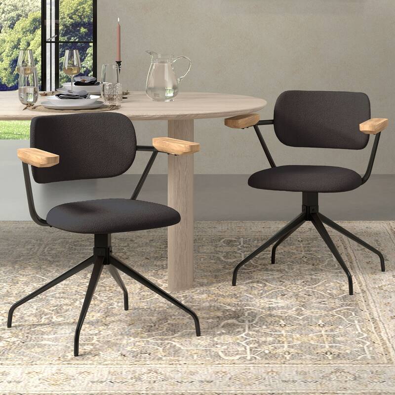 Modern Upholstered Swivel Chair With Solid Wood Arms And Metal Frame