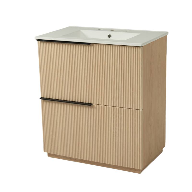 30" Bathroom Vanity with Ceramic Sink and Full-Extension Drawers, Soft Close Undermount Drawer Slides, Fluted Design, Natural