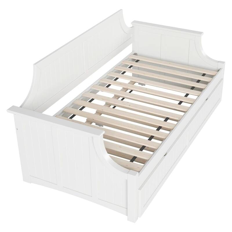 Twin Daybed with Trundle - Mid-Century Wood Daybed - White Finish -