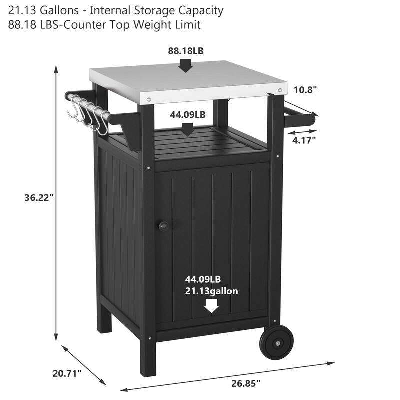Barbecue/Grill Side Table Trolley, Outdoor Prep Dining Table Serving Cart with 304 Stainless Steel Top-HDPE