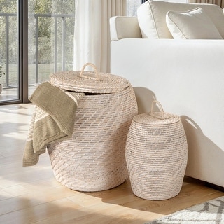 Hand-Woven Rattan Wicker Storage Baskets with Lids, Set of 2