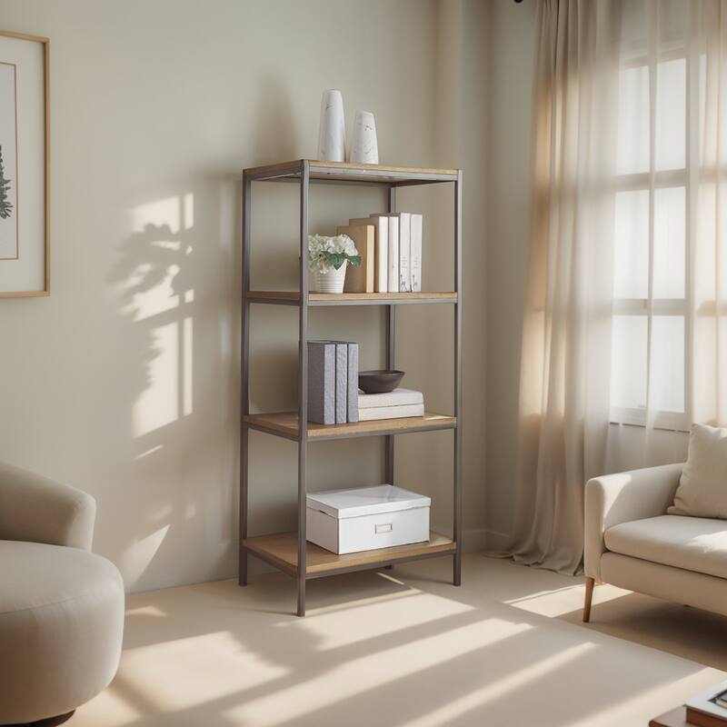 Caffoz 4-Tier Rustic Industrial Bookshelf Open Shelf Bookcase, Modern Wood Storage Shelf for Living Room, Office & Bedroom
