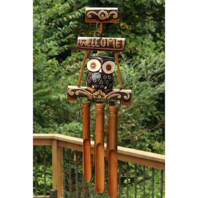 Handmade Wooden Owl Welcome Sign Bamboo Wind Chime Wood Statue Figurine Hoot Sculpture Patio Garden Outdoor Decor Handcraft
