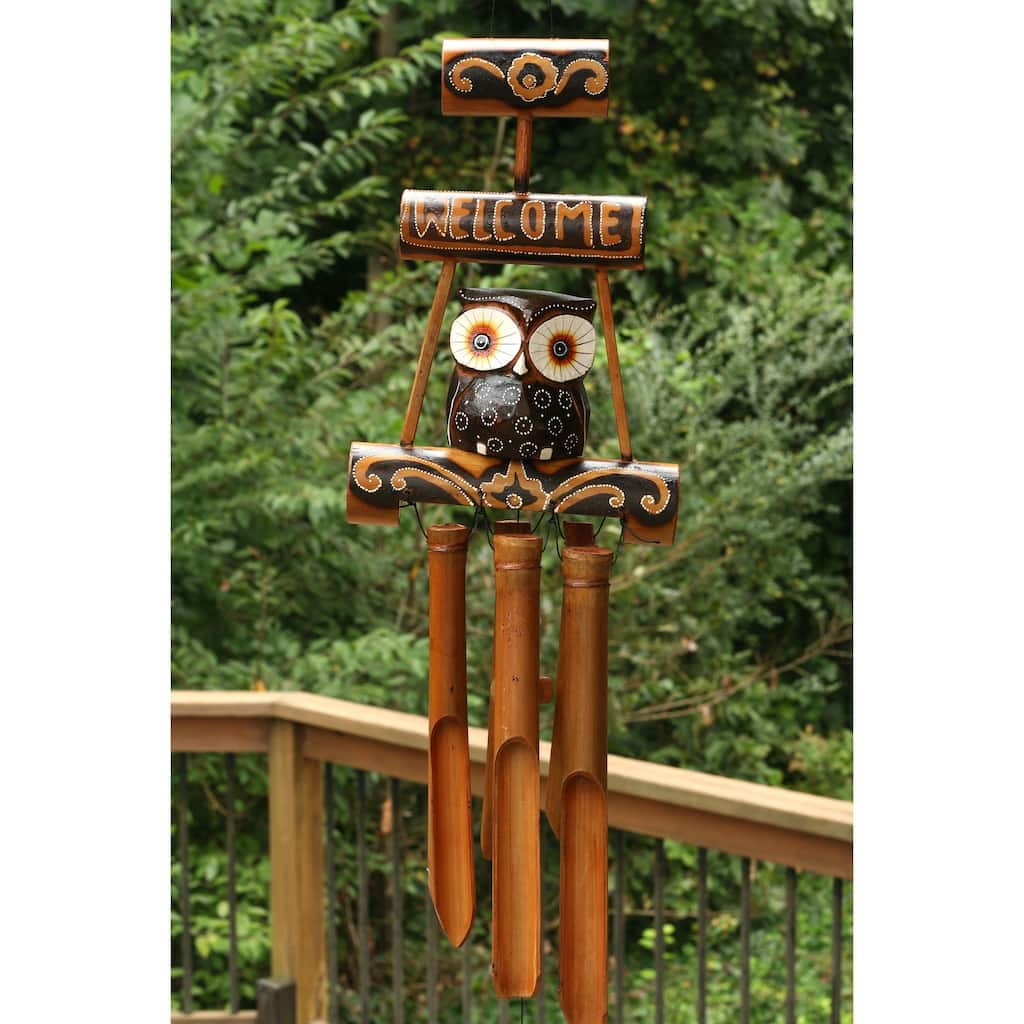 Handmade Wooden Owl Welcome Sign Bamboo Wind Chime Wood Statue Figurine Hoot Sculpture Patio Garden Outdoor Decor Handcraft