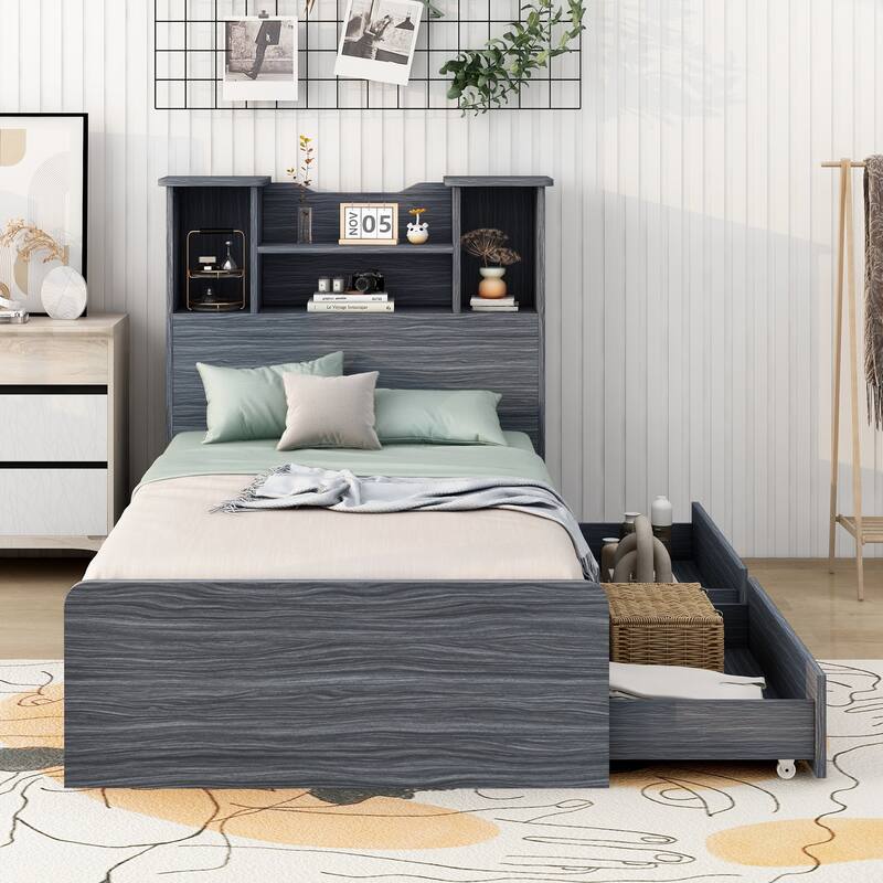 Platform Bed Frame with 4 Open Storage Shelves and 2 Storage Drawers - Gray