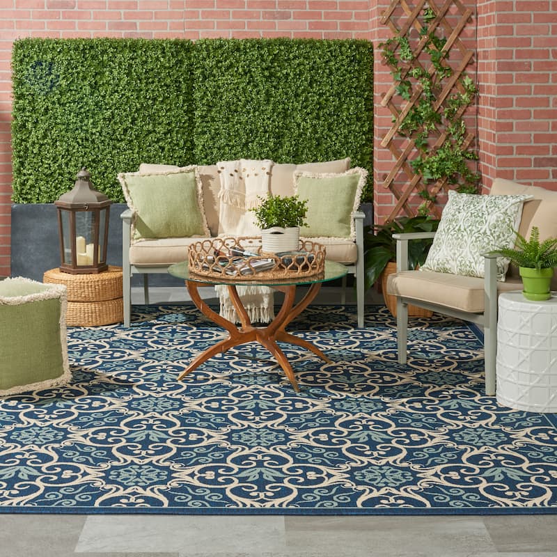 Nourison Caribbean Floral Geometric Indoor/Outdoor Area Rug - 6'7" x 9'6" - Navy