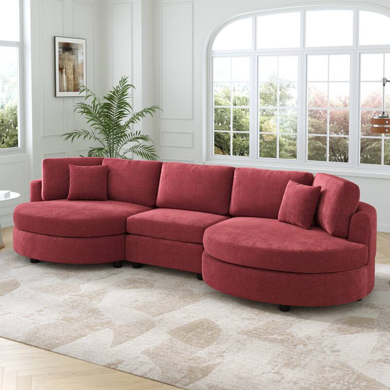 Roomfitters Modern Curved 3-Seater Sofa Couch with Throw Pillows, 129 Inch Wide