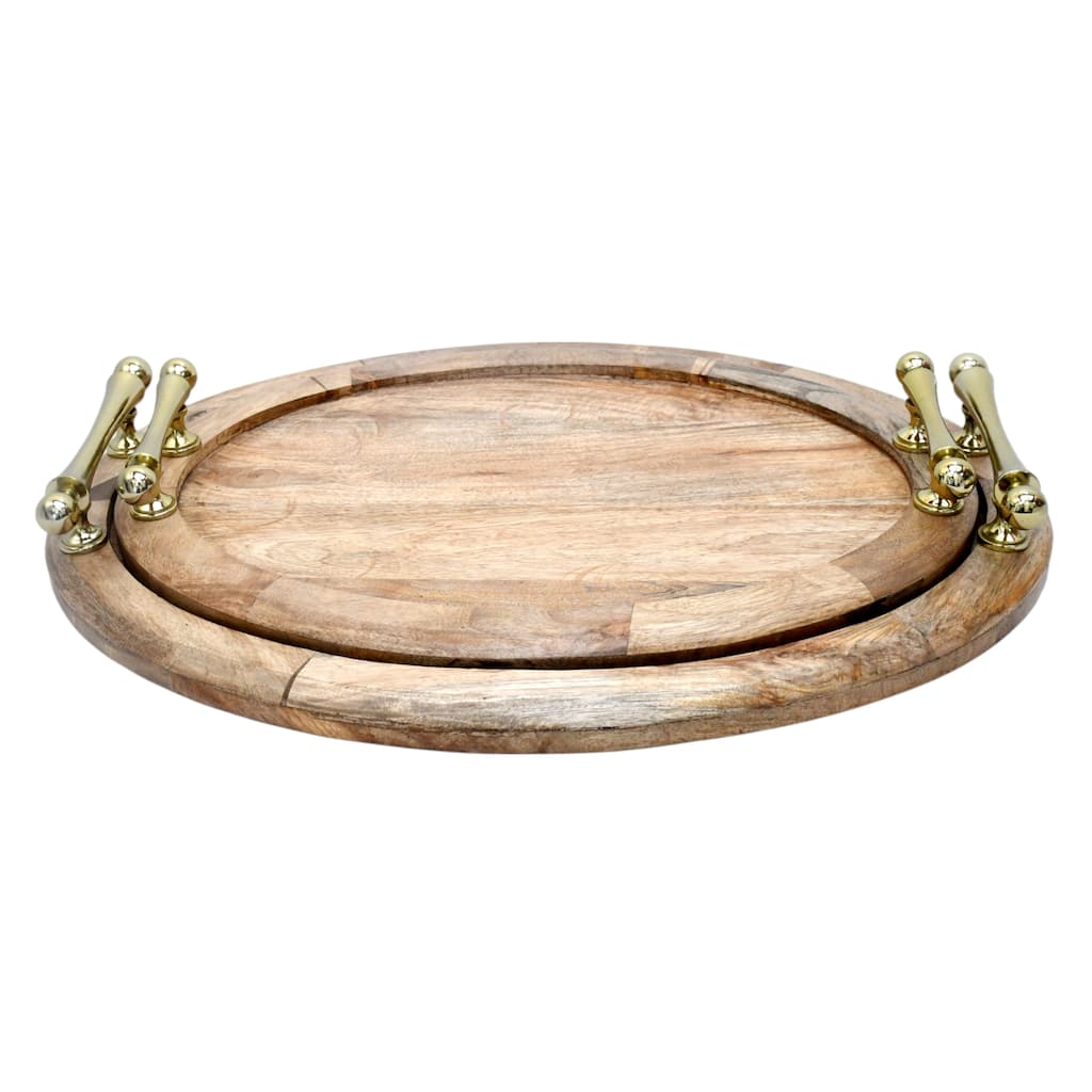 Sagebrook Home 25/29" Cylde Wood Trays, Round, 4"H, Solid Color, Set of 2 - 29" x 23" x 4"