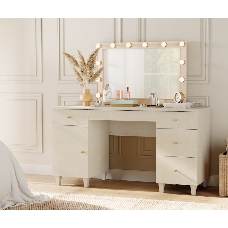 58" Wooden Vanity Desk with Storage Cabinet and Charging Station for Girls, Vanity Dressing Table for Bedroom