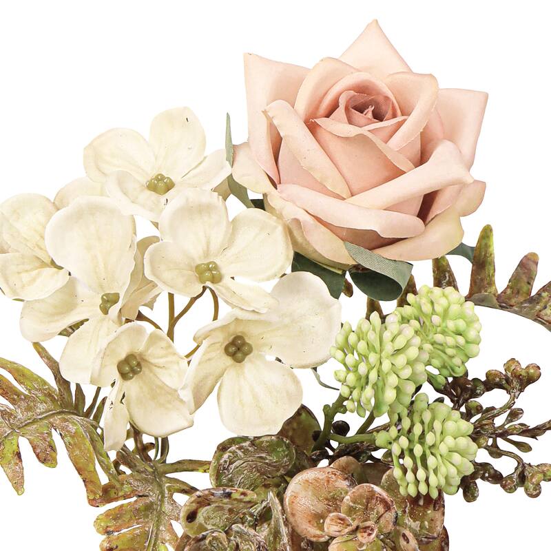 Set of 2 Cafe Blush Artificial Mixed Tea Rose Hydrangea Berry Flower Stem Bush Bouquet 15in - 15" L x 9" W x 9" DP