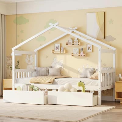 Twin Size Kids House Bed with Storage Drawers by Harper&Bright Designs