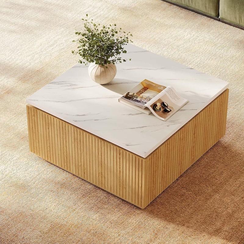 31.5" Square Coffee Table, Modern Faux Marble Top with Wood Accents - White & Brown