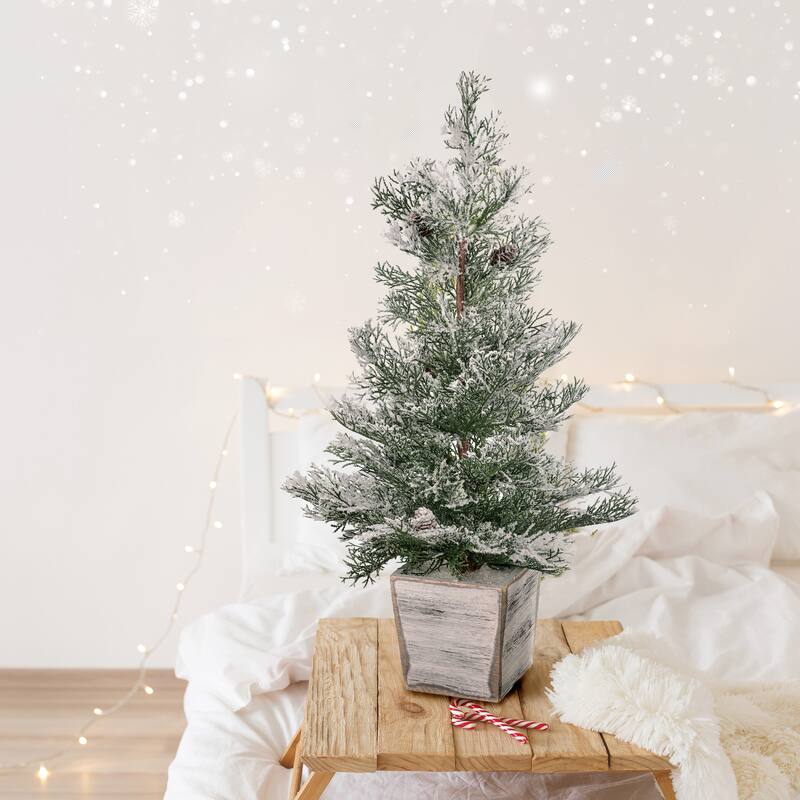 26" Frosted Natural Touch Cedar Tree In Mdf Wood Planter