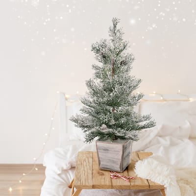 26" Frosted Natural Touch Cedar Tree In Mdf Wood Planter