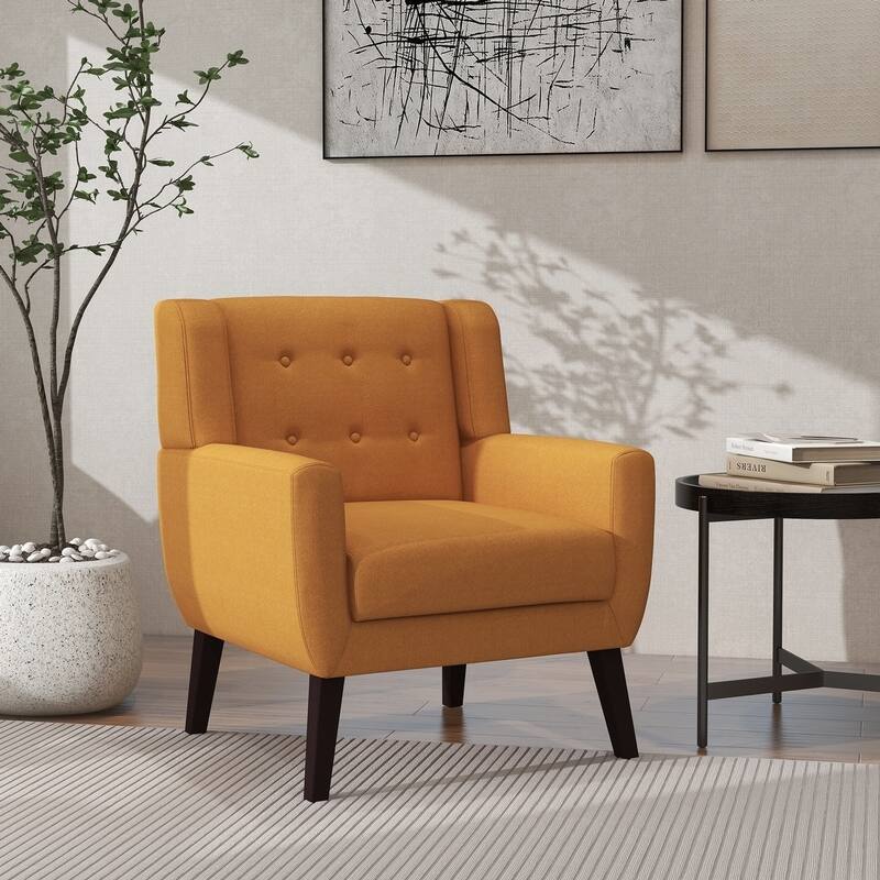 Mid Century Modern Button Tufted Accent Chair with Wood Legs - Single - Orange