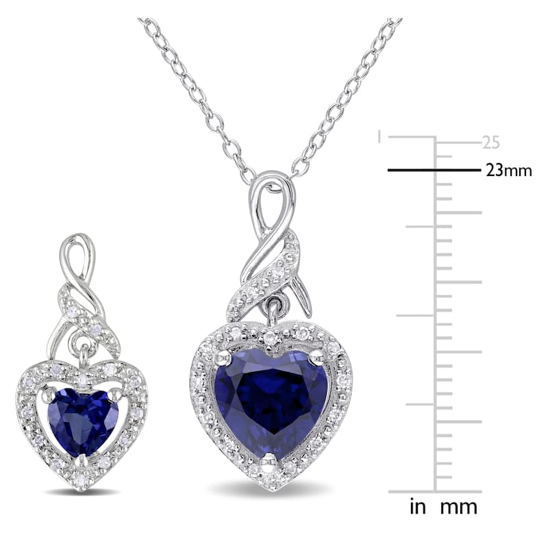 Miadora 3 3/8ct TGW Created Blue Sapphire 1/5ct TDW Diamond Heart Earrings Necklace Set Sterling Silver