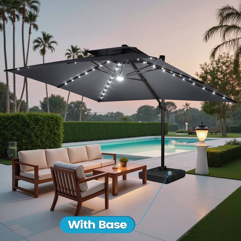 13 x 10ft Outdoor Aluminum Dual Top Patio Cantilever Umbrella LED Light with Weights Base