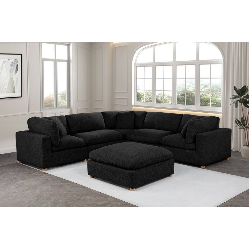 Best Quality Furniture 4-Piece Sectional Boucle Fabric - Black with 1Ottoman and 3 Chairs
