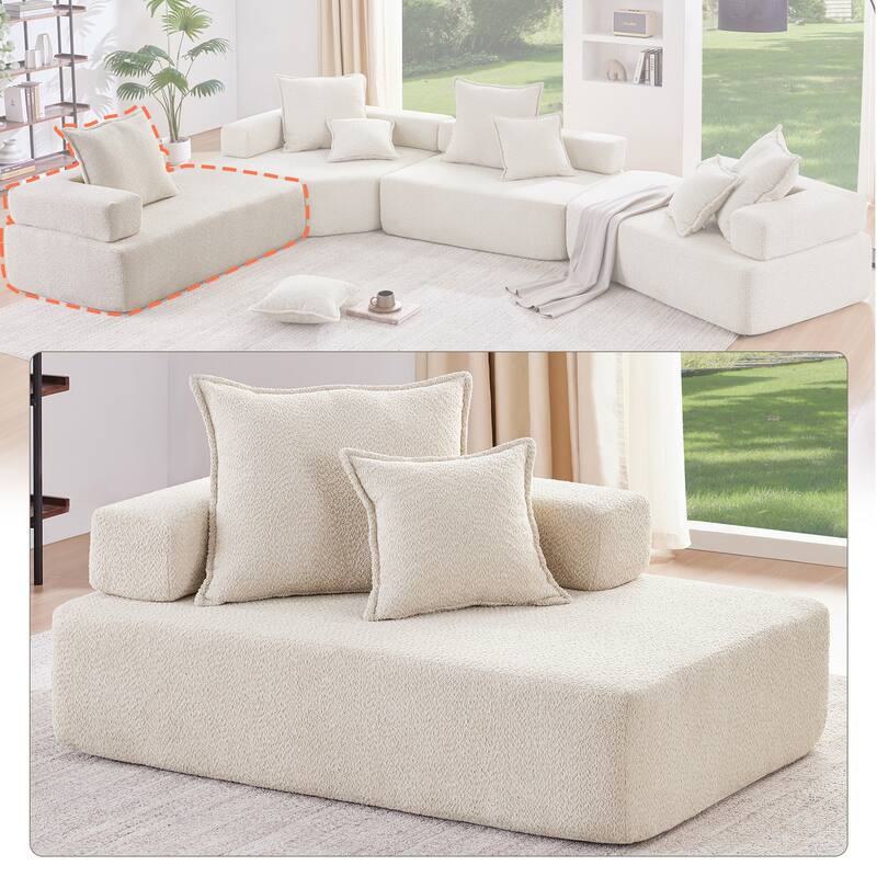 Boucle Fabric Oversized Modular Lounge Sofa Frame with 2 Pillows, No Assembly Required