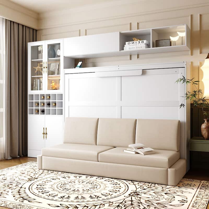Full Size Murphy Bed Wall Bed with Sofa , Shelves USB & Light - White