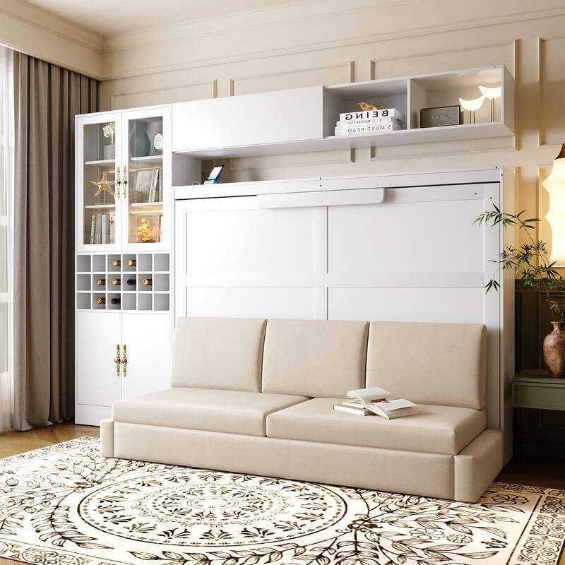 Wood Wall Murphy Bed Frame with Couch, USB and Light, Foldable Wall Platform Bed with All-in-One Storage Cabinet