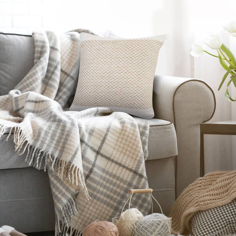 20" Ivory and Tan Interwoven Bordered Square Throw Pillow