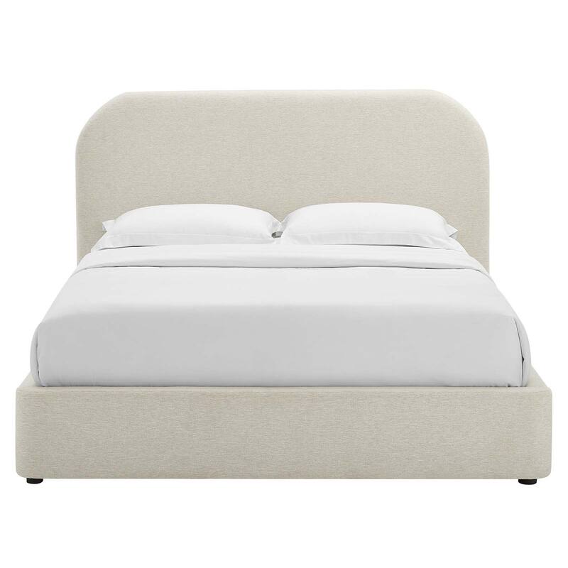 Hillsway Modern Curved Headboard Ivory Fabric Upholstered King Size Platform Bed
