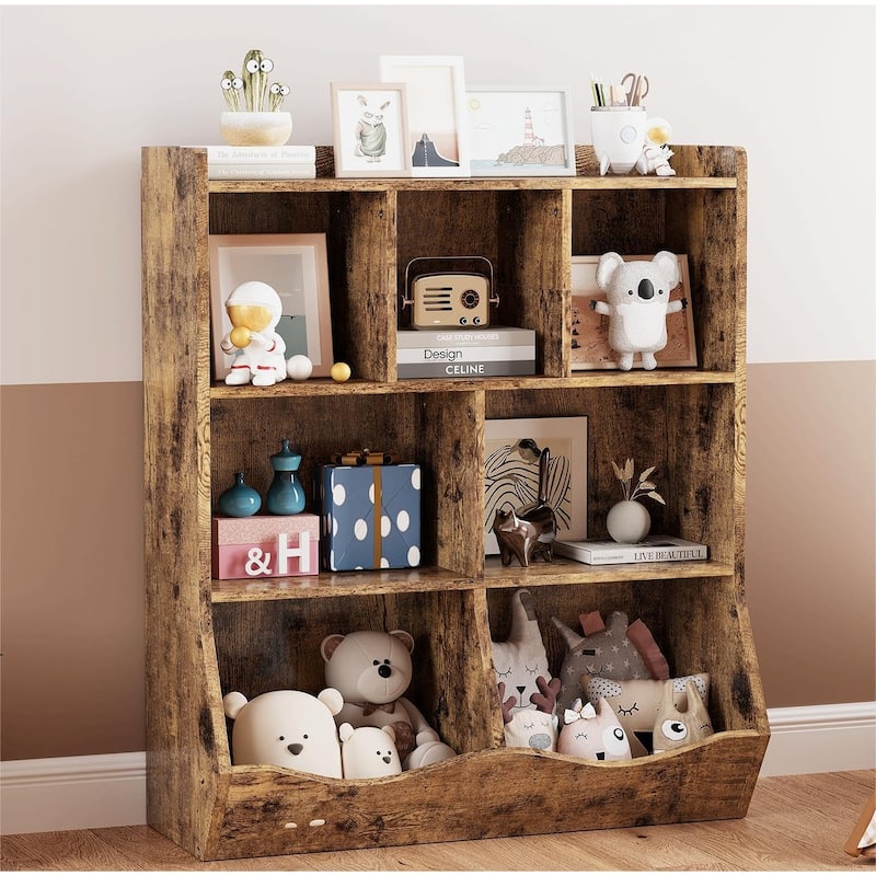 Toy Storage Cabinet Multi Shelf Bookcase for Kid's Bedroom - 11.8"D x 36"W x 42.5"H - Brown