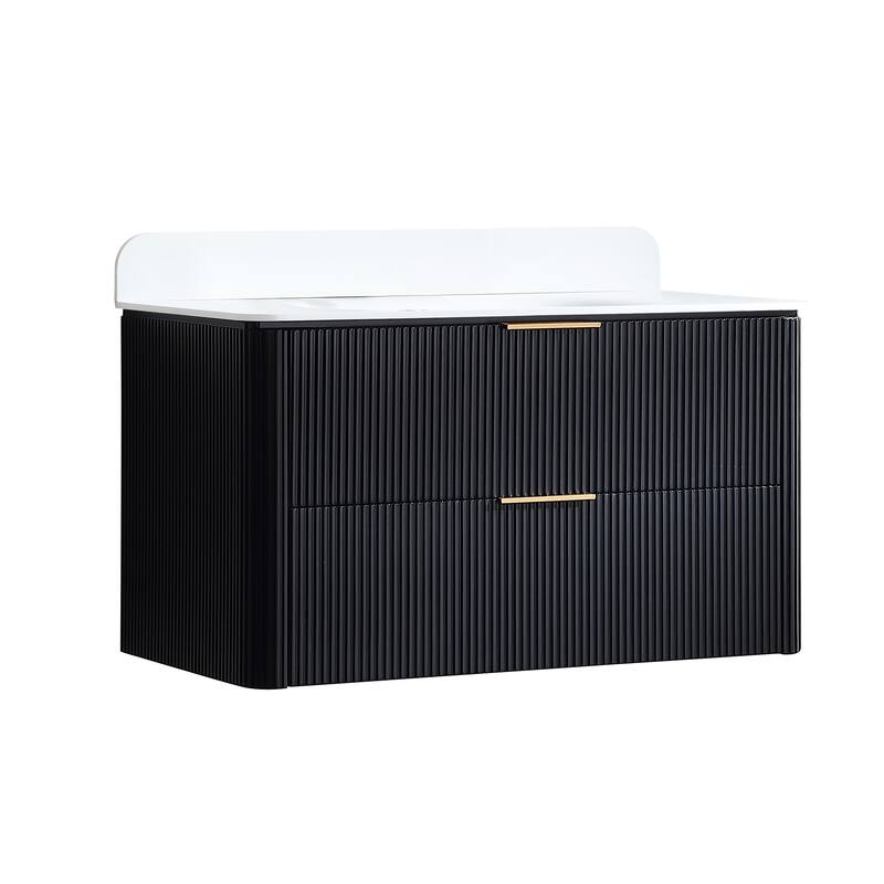 Modland Fluted Floating Vanity with Sink, Plywood Wall Mount Cabinet, Curved Edge, 24/30/36 Inch - 36 inch - Black