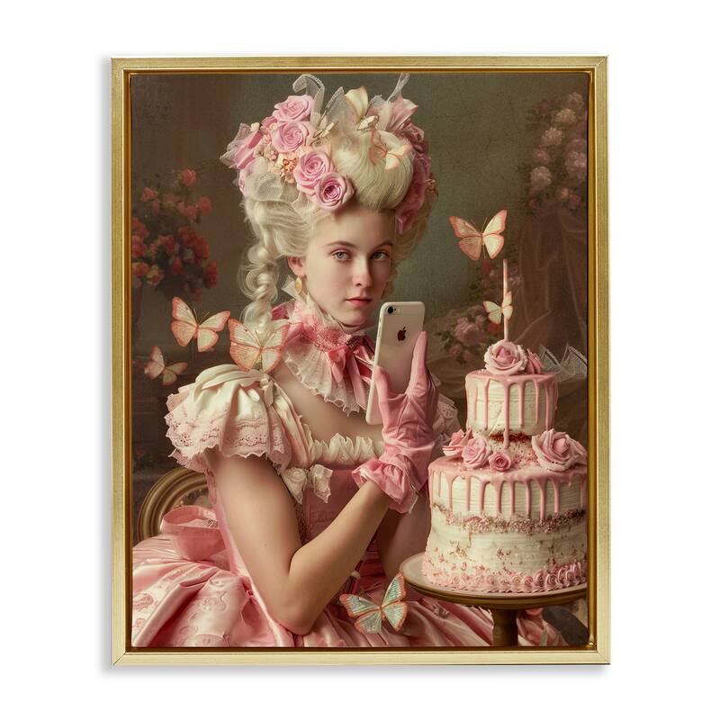 Stupell Vintage Lady with Cellphone Framed Floater Canvas Wall Art Design By Michael McKinney - 25 x 31 - Gold