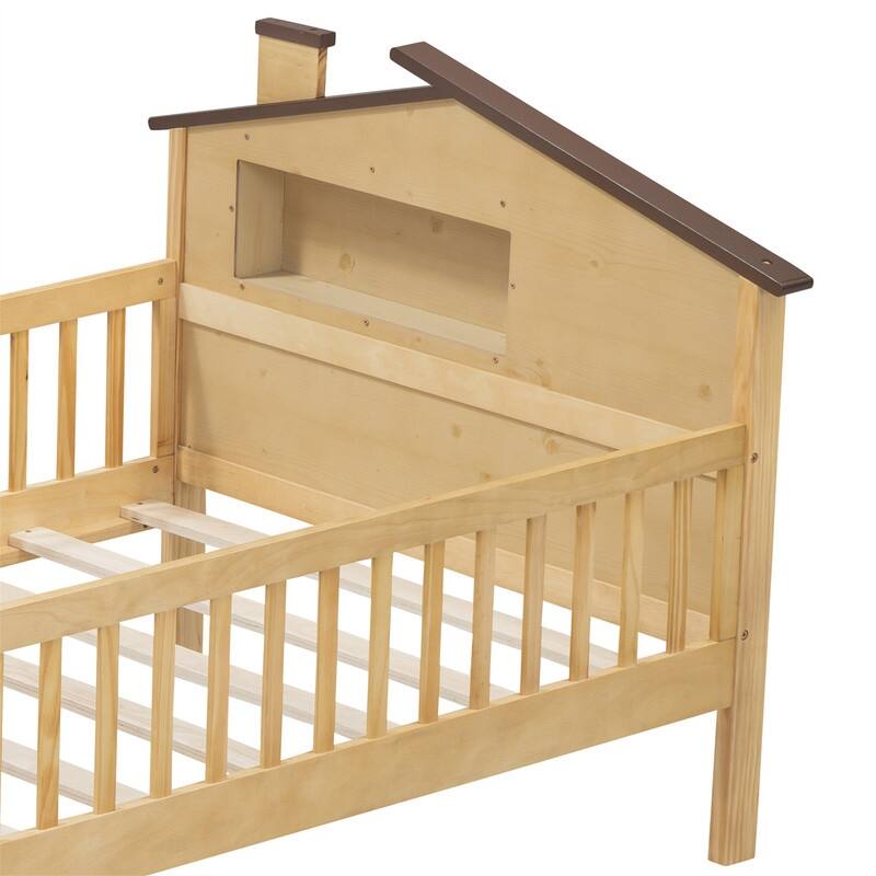 Twin/Full Size House Platform Bed with LED Light and Fence Guardrails, Wooden Kids Bed Frame with House Shaped Headboard