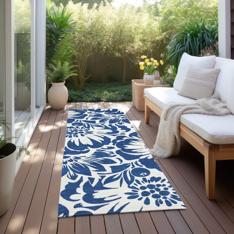 Machine Washable Indoor/ Outdoor Whimsy Floral Chantille Rug - Navy - 2'3" x 7'6"