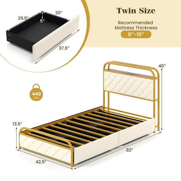 Golden Metal Twin Platform Bed with LED Lights Storage Headboard and Drawers