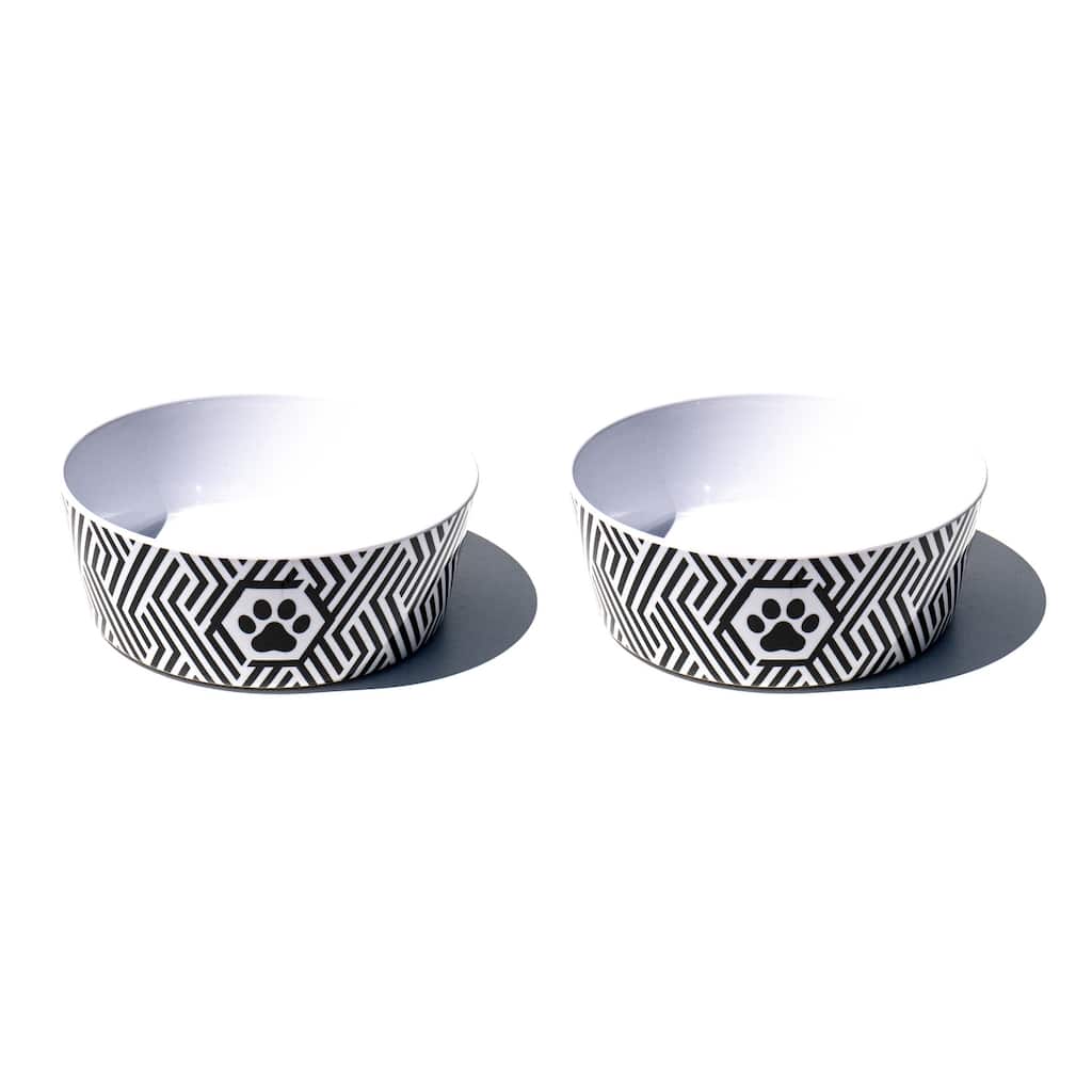 Black & White Geo Paw, Single Wall, Large Bowl, 5 cups, Set of 2