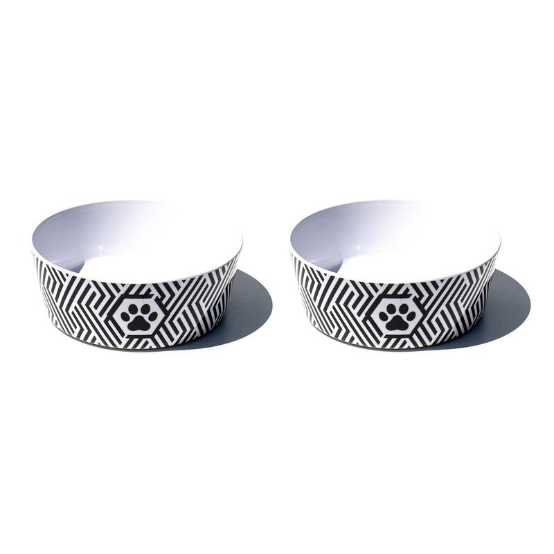 Abode Homewares Black & White Geo Paw Melamine Pet Bowl - Medium - 3 Cups - Black - Set of 2 - Black