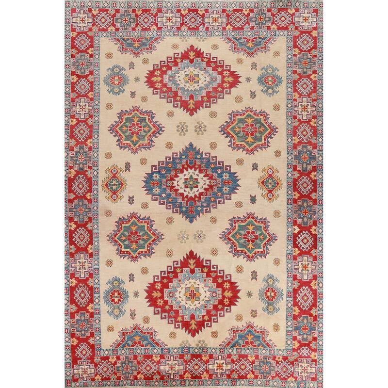 Hand Knotted Oriental 100% Wool Carpet Traditional Geometric Beige & Ivories Kazak Area Rug - 11' 0'' X 7' 9''